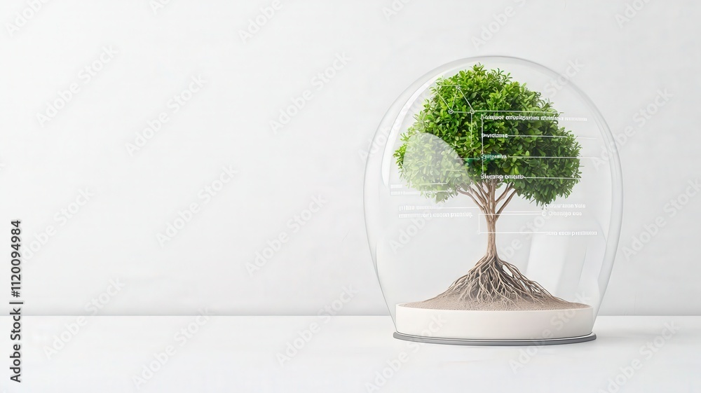 protect prevention policy concept. Tree inside a glass dome representing environmental protection.