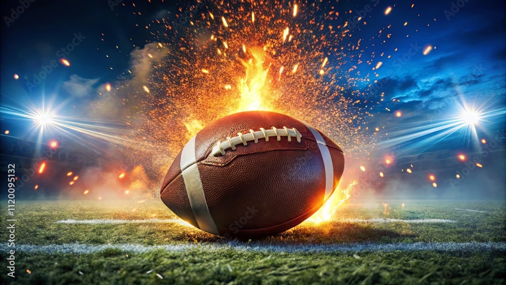 Sporty Football with Flames on Green Field Sporty Football with Flames on Green Field