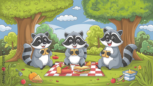 A family of raccoons having a picnic in a park eating sandwiches and fruit under the trees Photography copyspace Ultrawideangle lens highly saturated colors expansive scene