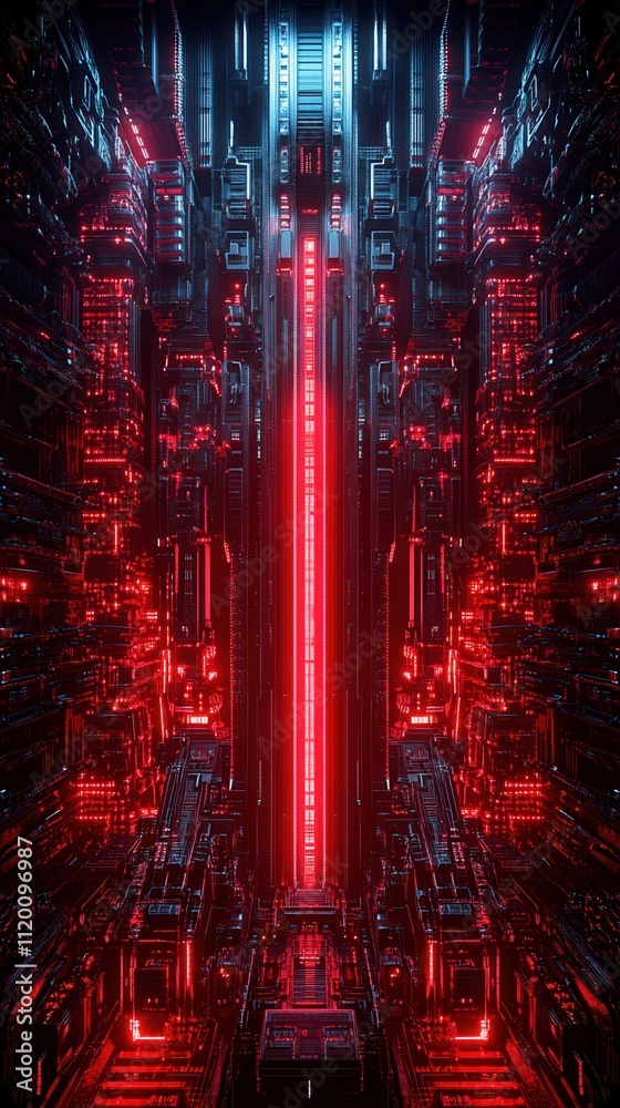 A futuristic, neon-lit corridor with vertical red and blue lights, showcasing a high-tech, digital environment. A futuristic, neon-lit corridor with vertical red and blue lights, showcasing a high-tech, digital environment.