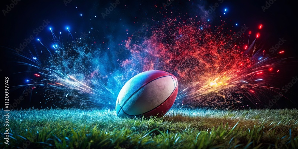 Dynamic Rugby Ball with Explosive Background Effects Dynamic Rugby Ball with Explosive Background Effects
