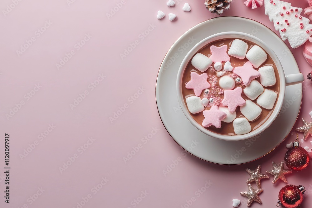 Hot chocolate topped with festive marshmallows in holiday shapes, ideal for winter festivities, with space for text. Hot chocolate topped with festive marshmallows in holiday shapes, ideal for winter festivities, with space for text.