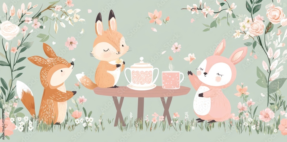 Obraz premium Forest friends enjoy a delightful tea party amongst blossoming flowers