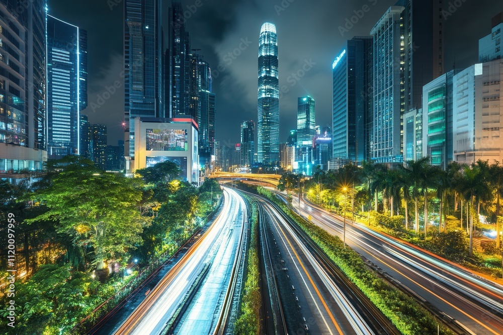 Fototapeta premium Vibrant night cityscape with dynamic light trails in urban downtown.