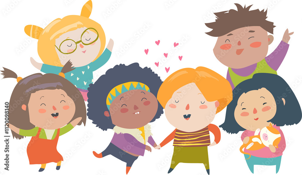 Vector isolated illustration of group children different nationalities and skin color. Race equality, tolerance, diversity Vector isolated illustration of group children different nationalities and skin color. Race equality, tolerance, diversity
