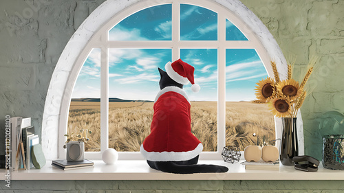 interior design mockup A cool black cat wearing a red Santa hat and coat is looking out the window waiting for Christmas Prairie Skies Sky blue sunflower yellow wheat soft green Cyberpunk