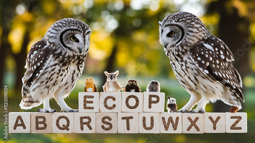 Education A forest school where wise owls teach tiny animals the alphabet using acorns as letter blocks Photography copyspace Lomo Effect Create a sharp highcontrast edge with slightly oversaturated 