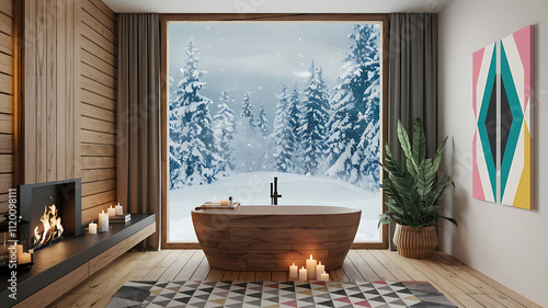 interior design mockup A wooden bathroom with a large window looking out onto a snowy forest The bathroom is decorated in a modern style with a wood burning fireplace the bathtub is filled with water