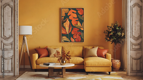 interior design mockup Interior with door and frames Autumn Leaves Rust red pumpkin orange mustard yellow olive green Oil Painting