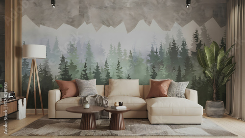 interior design mockup Interior design of modern apartment beige sofa in living room concrete stucco mock up wall home design 3d rendering Mountain Mist Slate gray forest green misty blue taupe Dotwo