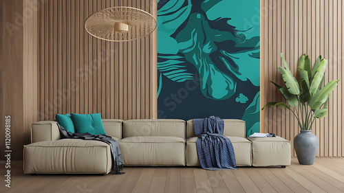 interior design mockup Beige corner sofa against of wooden paneling wall Minimalist interior design of modern living room Created with generative AITropical Paradise Turquoise lime green sunny yellow