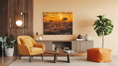 interior design mockup Modern interior of living room with white armchair 3d render Savannah Sunset Amber brick red dark brown gold Folk Art