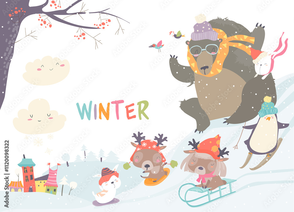 Fototapeta premium Vector illustration, cute animals playing winter games, card concept