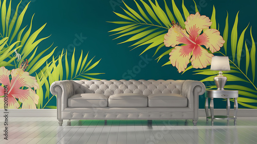 interior design mockup 3D rendering of a white leather sofa and a silver table with a lamp on it against a bright green wall Tropical Summer Bright teal sunny yellow hibiscus red palm green Isometric