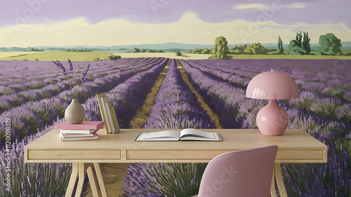 interior design mockup Minimalist home office desk with a pink wall wooden table pink lamp vase books and a notebook Lavender Fields Lavender dusty purple sage green pale yellow Heroic Realism