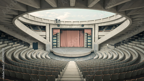 interior design mockup A concrete brutalist style empty amphitheater with a round stage in the center Dusty Pastels Dusty rose pale blue sage green soft yellow Digital Painting
