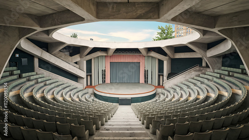 interior design mockup A concrete brutalist style empty amphitheater with a round stage in the center Dusty Pastels Dusty rose pale blue sage green soft yellow Digital Painting