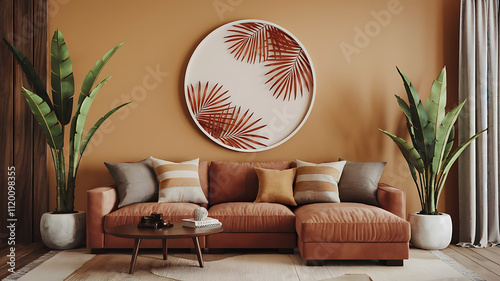 interior design mockup 3D rendering of a white circle frame with tropical palm leaves on a beige background in a minimalist style Savannah Sunset Amber brick red dark brown gold Steampunk