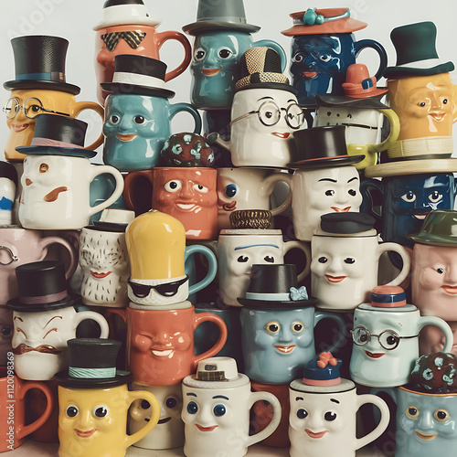 collection of various mugs each wearingtiny mismatched hat inmugtastic heap isolated on white background cutout png design asset funny conceptRetro