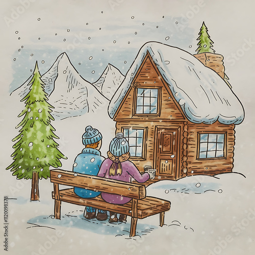 romantic winter getaway scene withcouple enjoying the view of snowy mountains from their cabin isolated on white background cutout png design asset funny conceptHandDrawn