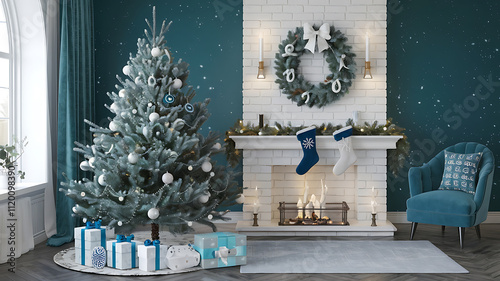 interior design mockup Christmas tree with gifts isolated 3d render Arctic Chill Light blue cool gray frosty white midnight blue Digital Painting