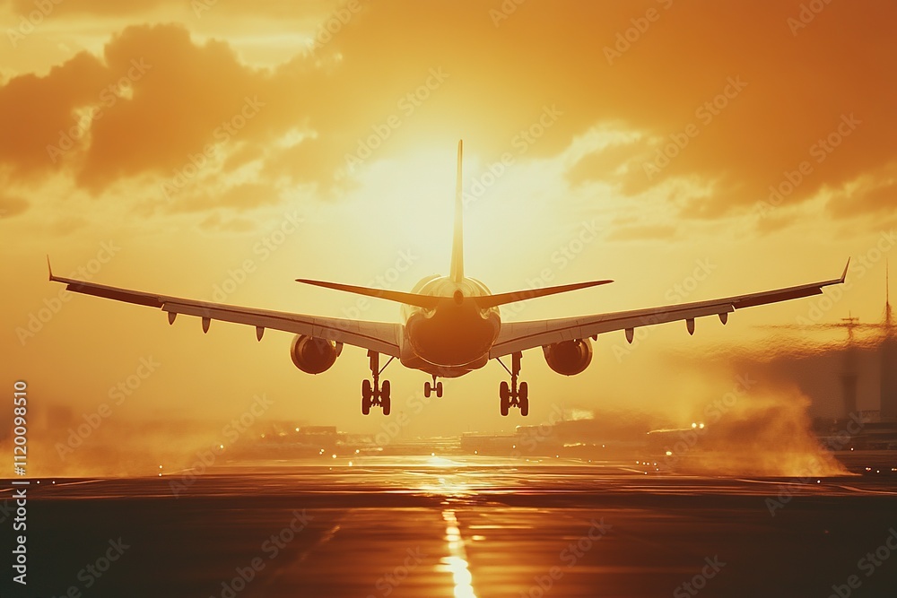 Sunset landing of an airplane on runway with warm glow Sunset landing of an airplane on runway with warm glow