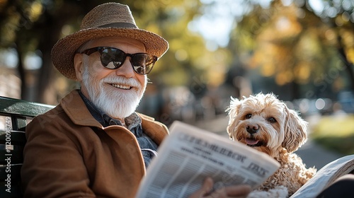 An elderly man enjoys reading a newspaper with his dog in a sunny park.