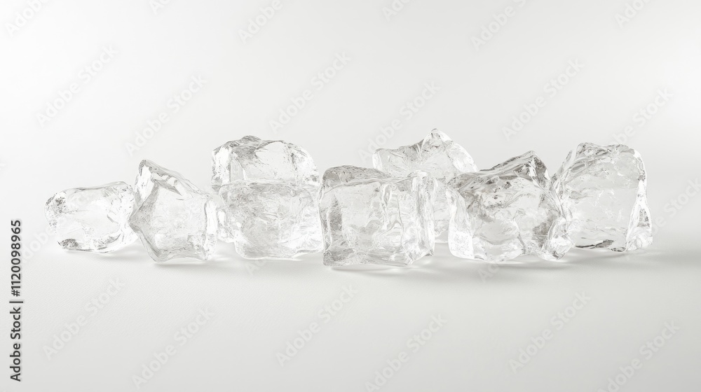 Close-up of several clear ice cubes on white background.