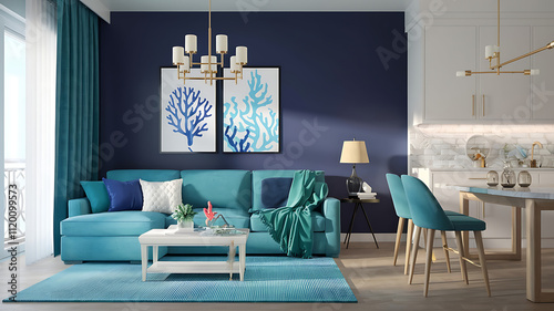 interior design mockup Apartment interior 3d render Under the Sea Aqua coral turquoise deep navy Flat 3D