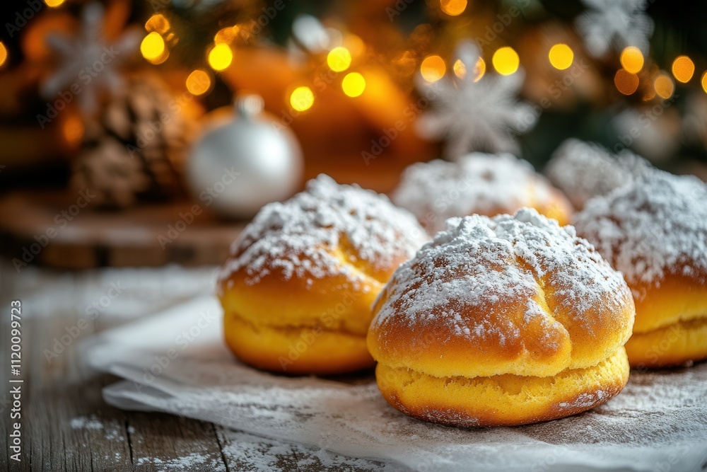 Cozy christmas pastries topped with powdered sugar for holiday celebrations. Cozy christmas pastries topped with powdered sugar for holiday celebrations.