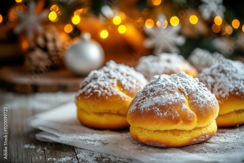 Cozy christmas pastries topped with powdered sugar for holiday celebrations.