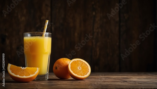 A glass of orange juice with a straw sits beside whole and sliced oranges on a wooden surface, against a dark background.