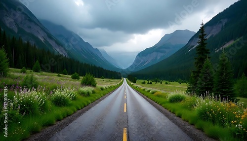 Road in the mountains. Summer landscape with road and wildflowers