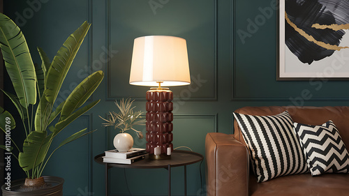interior design mockup Close up of lamp on side table near sofa Scandinavian home interior design of modern living room Bold and Moody Burgundy charcoal gold dark teal Avantgarde