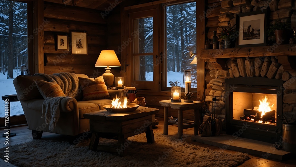 Cozy cabin interior with a sofa, fireplace, and wooden tables, illuminated by warm candles and a lamp, surrounded by snow. Cozy cabin interior with a sofa, fireplace, and wooden tables, illuminated by warm candles and a lamp, surrounded by snow.