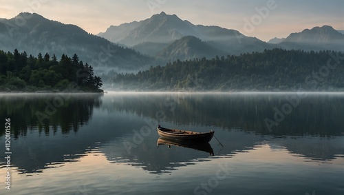 A tranquil lake at sunrise with mist-covered mountains in the background and a lone wooden boat drifting on the water's surface.