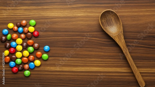Colorful candies scattered near wooden spoon on wood. photo