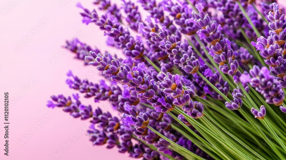 Fototapeta premium Farmland fields landscape sunset, Vibrant lavender flowers arranged elegantly against a soft pink background.