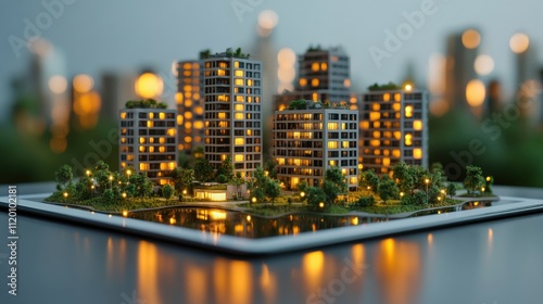 Futuristic cityscape miniature with illuminated buildings and greenery at night
 photo