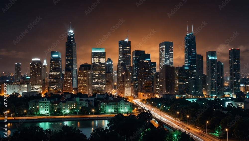 Fototapeta premium A stunning nighttime skyline view of a city, featuring tall skyscrapers illuminated against a dark sky.