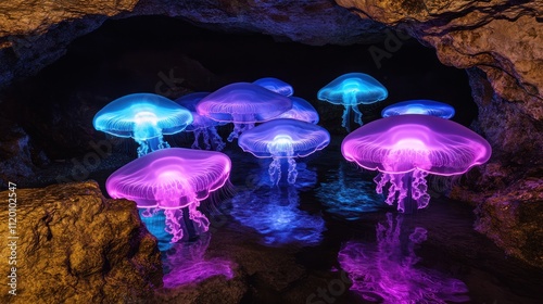 Ethereal jellyfish glowing in a cave, creating a surreal underwater scene. photo