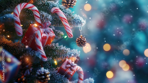 A vibrant close-up of a Christmas tree with candy cane decorations, miniature gift boxes, and snow-dusted pinecones hanging delicately
