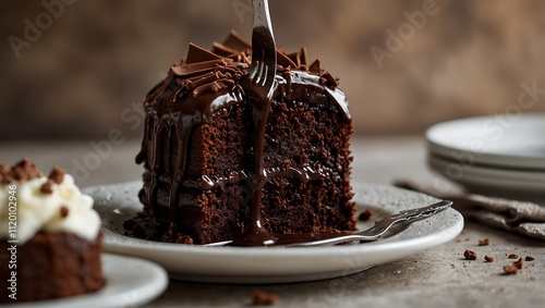 A rich chocolate cake with glossy frosting, a fork poised to take a slice. Crumbled chocolate decorates the plate.