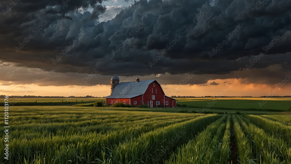 A red barn stands amidst lush green fields under dramatic, dark storm clouds, with a golden sunset in the background. A red barn stands amidst lush green fields under dramatic, dark storm clouds, with a golden sunset in the background.