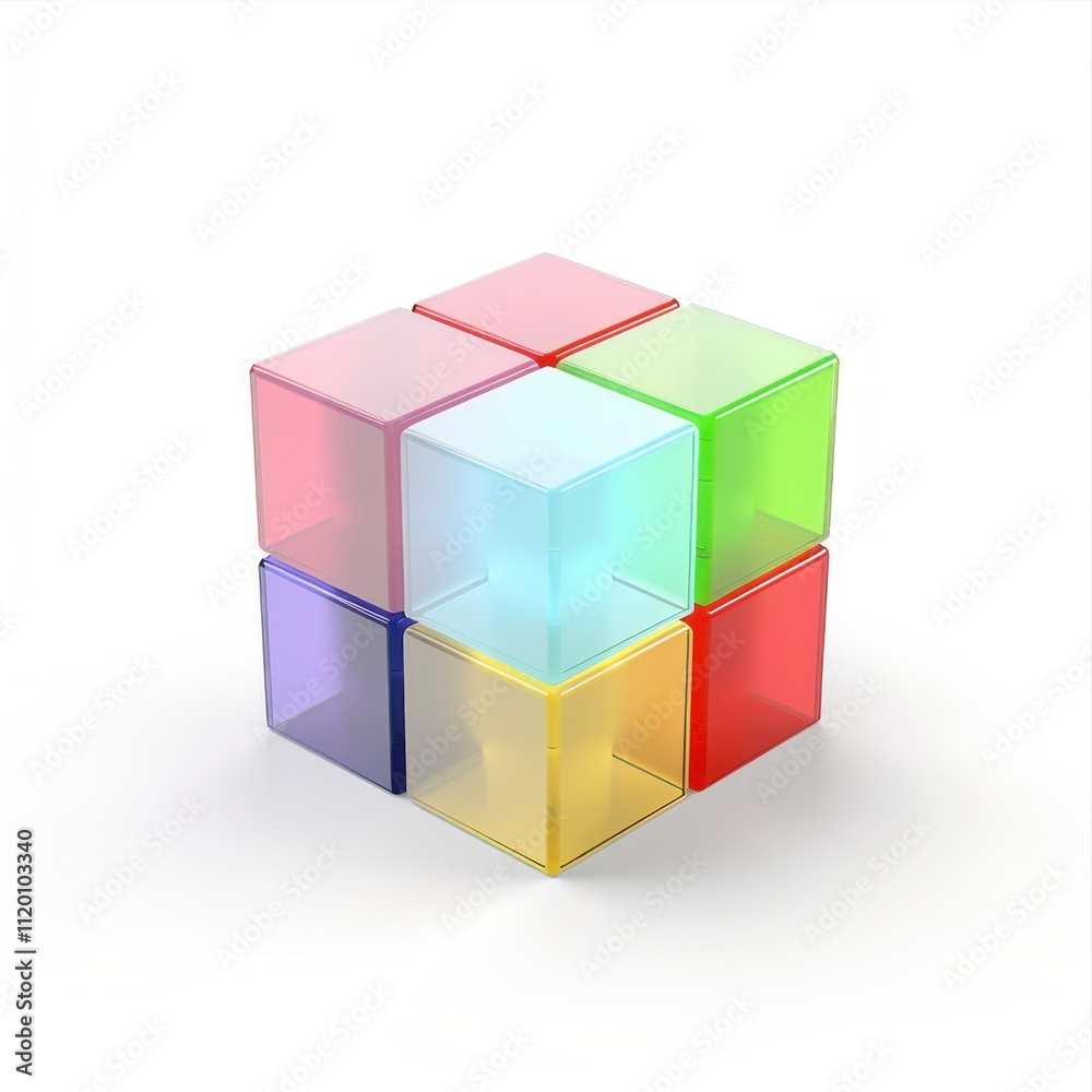 Vibrant translucent glass cubes stacked in a pyramid shape on a white surface, symbolizing ideas of building, advancement, and order Vibrant translucent glass cubes stacked in a pyramid shape on a white surface, symbolizing ideas of building, advancement, and order