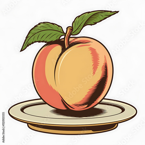 single perfectly formed peach attemptingcartwheel onplate fruity acrobatic feat isolated on white background cutout png design asset funny conceptPop Art