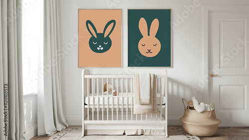 interior design mockup Minimalist white crib with soft blanket and cute bunny toys in a bright airy nursery Vintage Poster Mustard teal coral cream Dark Fantasy