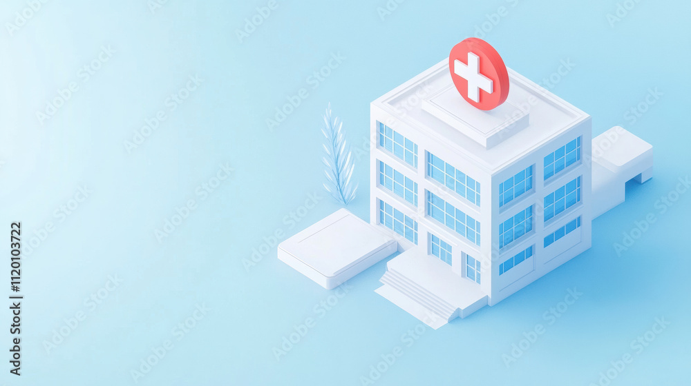 3D Medical Building with Red Cross Symbol 3D Medical Building with Red Cross Symbol