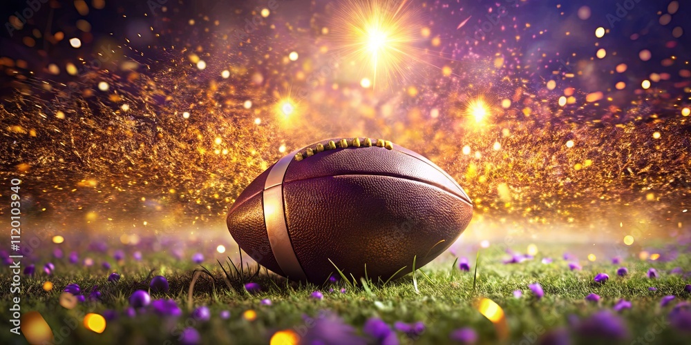 Dramatic Football on Turf with Sparkling Background