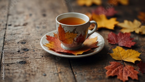 A cup of tea sits on a saucer decorated with autumn leaves, surrounded by colorful fallen leaves on a rustic wooden table.